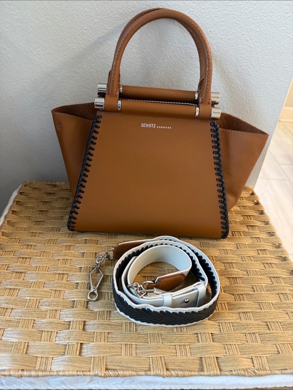 SCHUTZ Cognac Brown Leather Top-Handle Satchel with Contrast Whipstitch